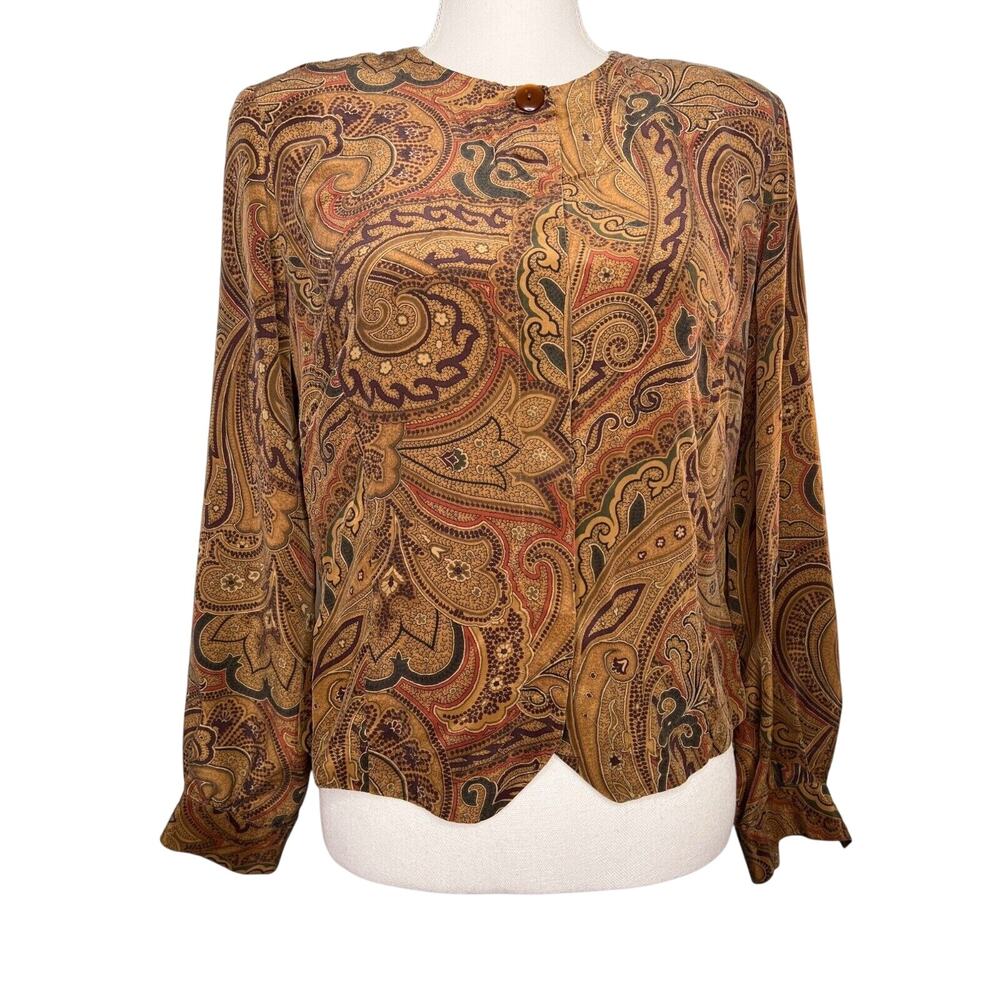 Vintage 90s Silk Paisley Blouse Top Liz Claiborne Size 4P Brown Career Work